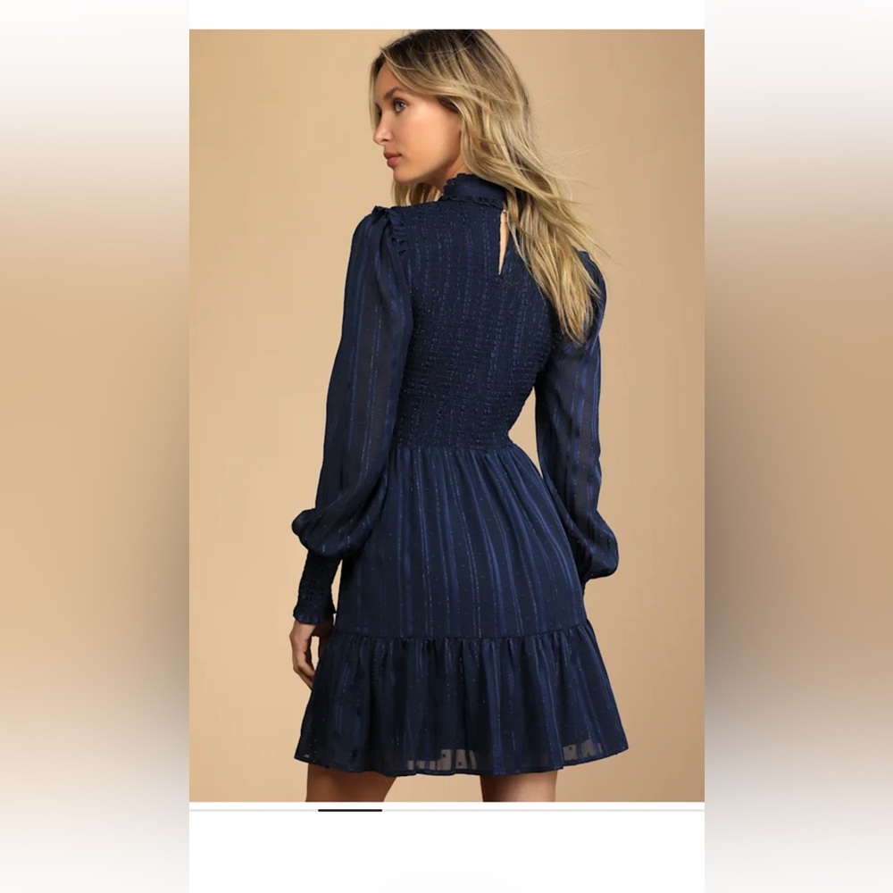 Lulu's Navy Heartful Romance l Smocked Long Sleeve Mini Dress - Picture 3 of 5